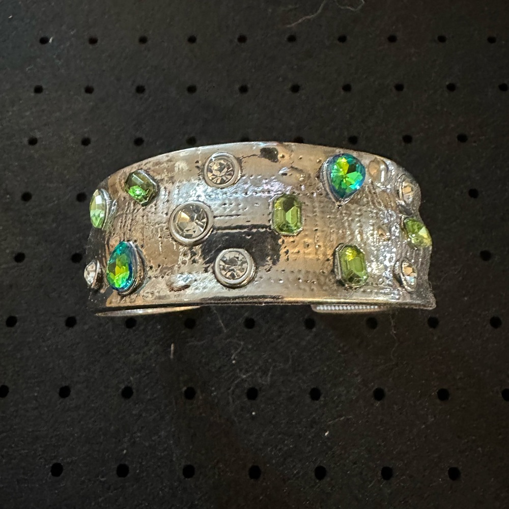 Silver Cuff Bracelet with Green and Blue Rhinestones